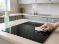 Mano che pulisce il piano a induzione con un panno. Scopri come pulire piano induzione per mantenerlo splendente.