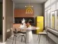 Un'elegante cucina e camera da letto insieme, con un frigorifero giallo acceso, mobili color pesca e una divisoria in legno.