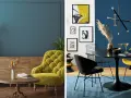 Eleganti abbinamenti color ottanio con tocchi di giallo ocra e nero. Un salotto accogliente e una sala da pranzo moderna.
