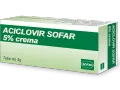 Scatola di ACICLOVIR SOFAR 5% crema, un trattamento per il pomata herpes genitale. Tubo da 3g.
