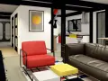 Soggiorno moderno con poltrona rossa, divano marrone e tavolini cubici. L'arredamento, con linee pulite e colori primari, evoca lo stile bauhaus.