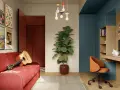 Un soggiorno con divano rosso, chitarra, piante e un angolo studio. Le pareti colorate particolari creano un ambiente vivace e moderno.