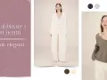 Look eleganti con colori neutri. Modella indossa un completo bianco e un maglione grigio, entrambi con colori desaturati.
