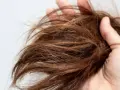 Mano che tiene ciocche di capelli castani, secchi e sfibrati, con punte visibilmente danneggiate, quasi capelli bruciati.