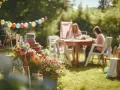 Festa in giardino con palloncini colorati, fiori vivaci e persone sedute a tavola.