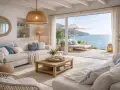 Soggiorno con vista mare, arredamento in stile mediterraneo con divani chiari, cuscini blu e legno naturale. Perfetto per case al mare arredamento.