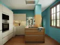 Cucine colorate con isola in legno e pareti turchesi. Un ambiente moderno e accogliente, perfetto per chi ama il design vivace.