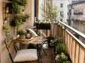 Un piccolo tavolo con sedie, piante rigogliose e luci creano un'atmosfera accogliente. Perfette idee balcone per un angolo relax.