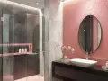 Bagno moderno con pareti rosa a nido d'ape, doccia grigia e marmo. Idee bagno rosa per un tocco di colore.