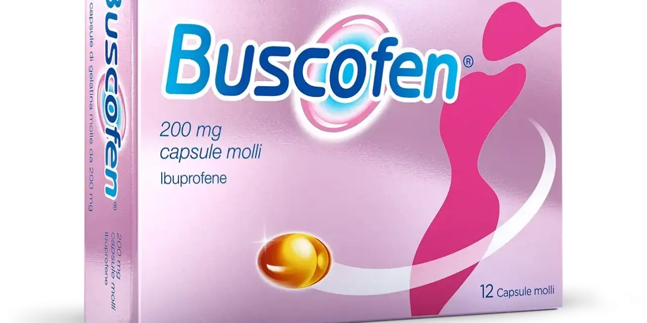 Scatola di Buscofen, 12 capsule molli da 200 mg di ibuprofene, un valido aiuto per i rimedi dolori mestruali.