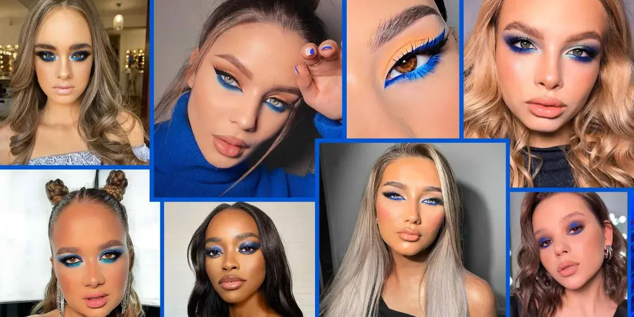 Collage di volti con audace trucco occhi azzurri, che esalta la bellezza di diverse tonalità di pelle.