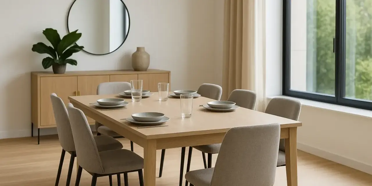 Tavolo 240 cm quante persone? Questo tavolo da pranzo in legno chiaro, apparecchiato per sei, è perfetto per cene conviviali.