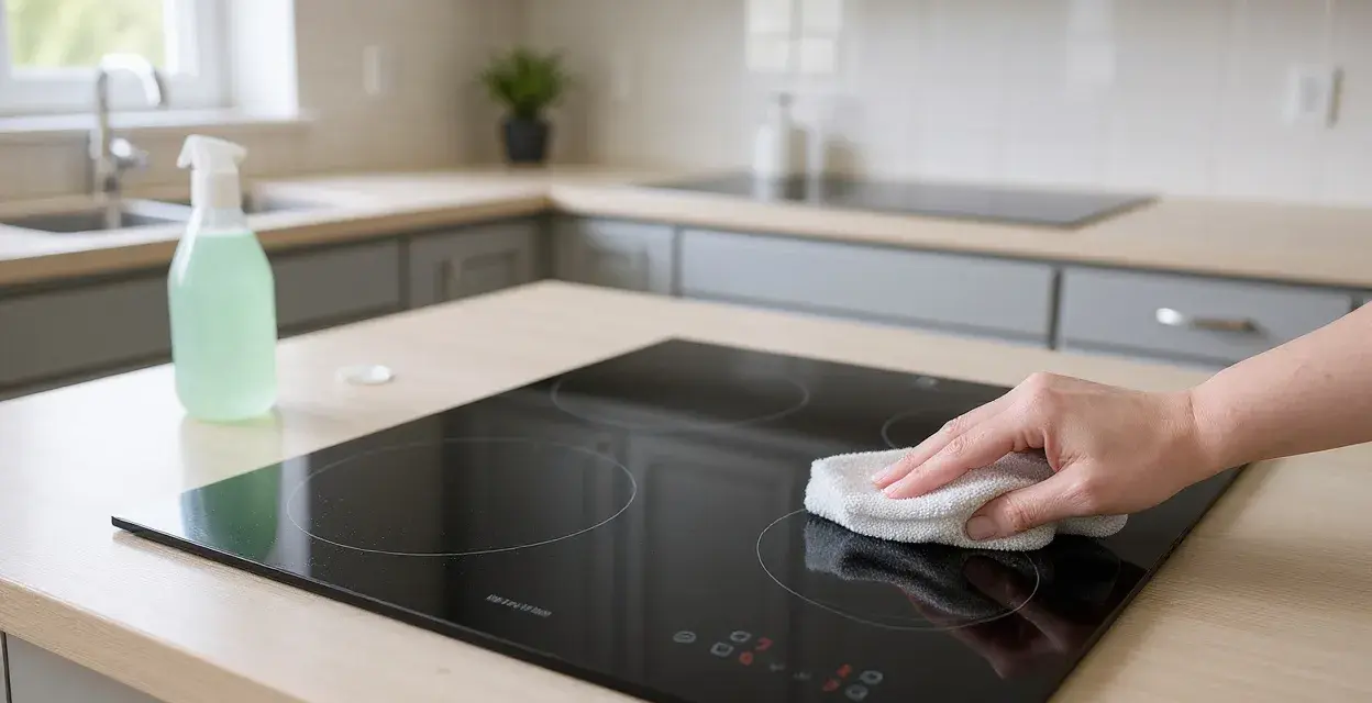 Mano che pulisce il piano a induzione con un panno. Scopri come pulire piano induzione per mantenerlo splendente.