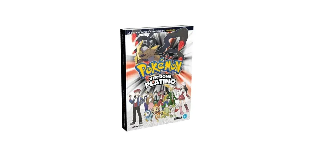 Guida strategica ufficiale Pokémon Versione Platino con personaggi e Pokémon. Il titolo spicca in un vibrante colore platino.