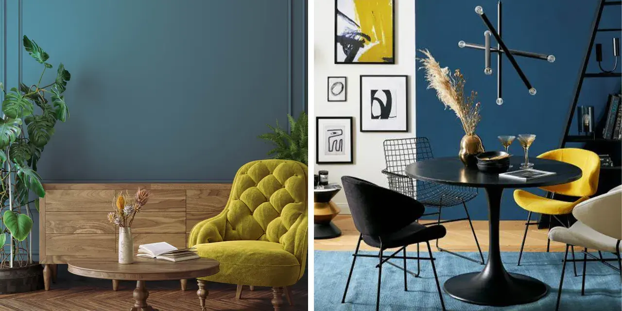 Eleganti abbinamenti color ottanio con tocchi di giallo ocra e nero. Un salotto accogliente e una sala da pranzo moderna.