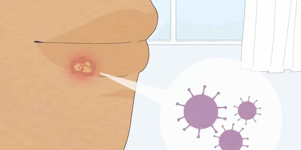 Un primo piano mostra un labbro con un'eruzione cutanea rossa e vesciche, con un ingrandimento che rivela virus. Utile per capire i rimedi per herpes labiale.