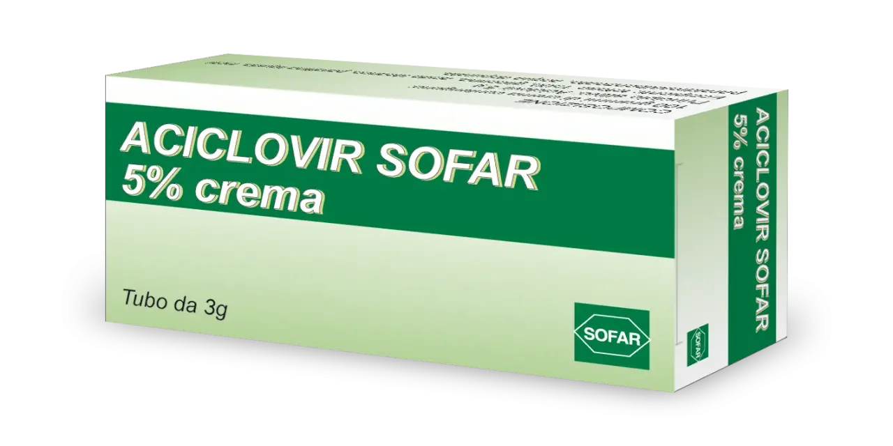 Scatola di ACICLOVIR SOFAR 5% crema, un trattamento per il pomata herpes genitale. Tubo da 3g.