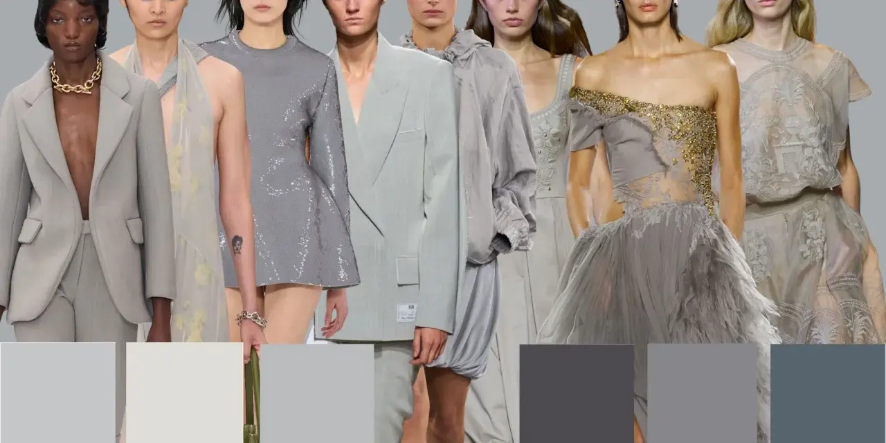 Models in various grey outfits with Pantone color swatches below.