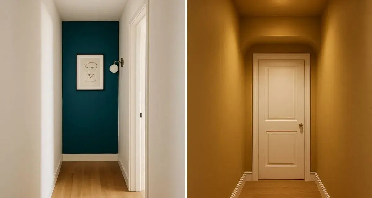 Ingresso e corridoio con pareti color petrolio e ocra. Idee per colori per ingresso e corridoio che creano atmosfere diverse.