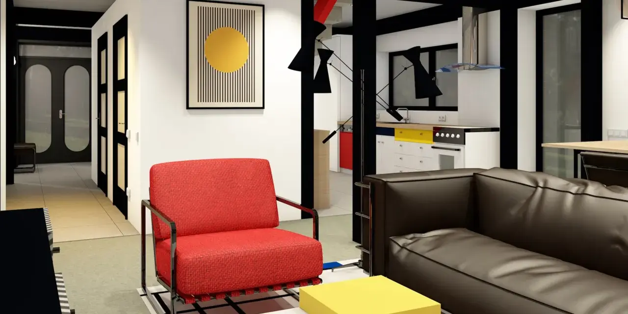 Soggiorno moderno con poltrona rossa, divano marrone e tavolini cubici. L'arredamento, con linee pulite e colori primari, evoca lo stile bauhaus.