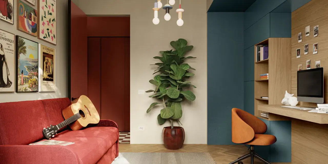 Un soggiorno con divano rosso, chitarra, piante e un angolo studio. Le pareti colorate particolari creano un ambiente vivace e moderno.