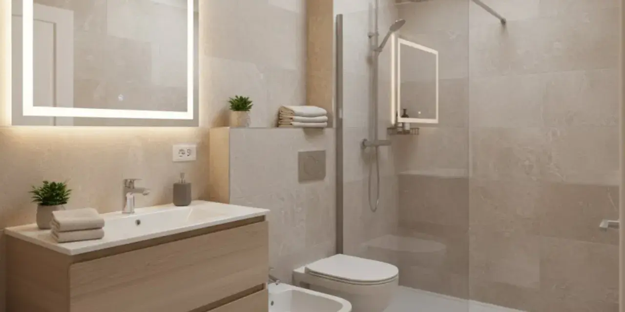 Bagno moderno con mobile lavabo in legno, specchio luminoso e doccia a filo pavimento. Ottime idee bagno per un look minimalista.