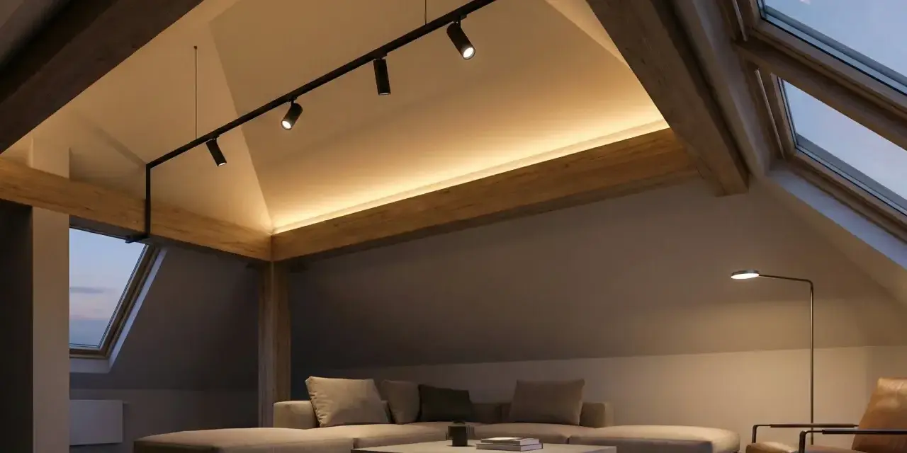Accogliente mansarda con tetto spiovente, illuminazione soffusa e travi a vista. Un moderno sistema di faretti illumina l'ambiente, creando un'atmosfera calda e rilassante.