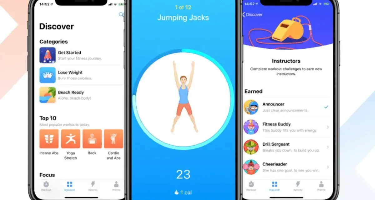 Schermate di app per il fitness con esercizi, categorie e istruttori. Le migliori app fitness per iniziare il tuo percorso.