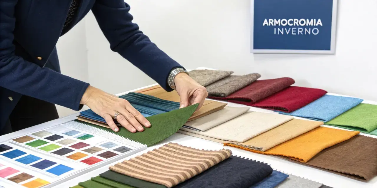 Mani che scelgono tessuti per una palette inverno. Campioni di stoffa in varie tonalità, dal verde al blu, dal beige all'arancione.