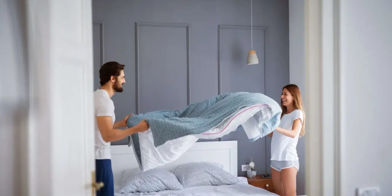 Coppia sorridente impegnata nel cambio lenzuola, con un piumone azzurro che svolazza sopra il letto.