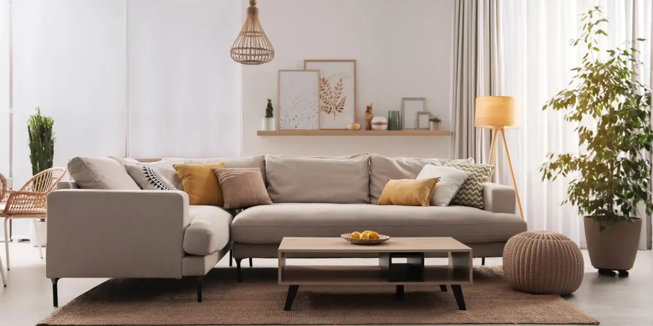 Divano angolare in un accogliente soggiorno, con cuscini decorativi e un tavolino. Il colore taupe del divano crea un'atmosfera rilassante.