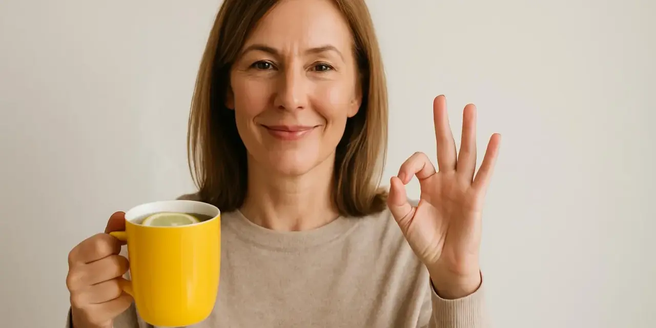 Woman holding a yellow mug with lemon and giving an OK sign.