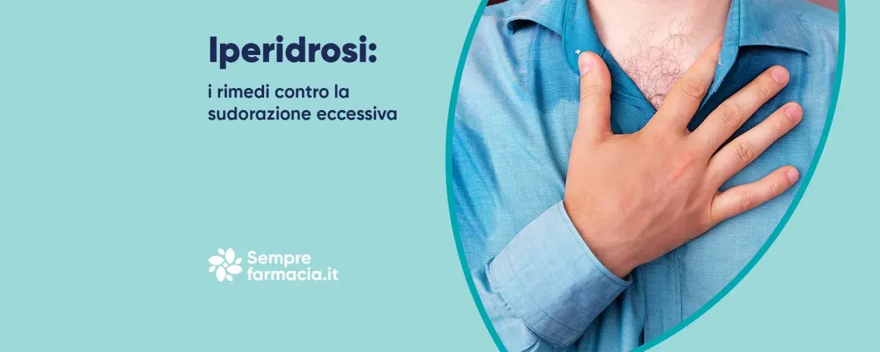 Iperidrosi: rimedi per la sudorazione eccessiva. Uomo con mano sul petto, camicia bagnata.