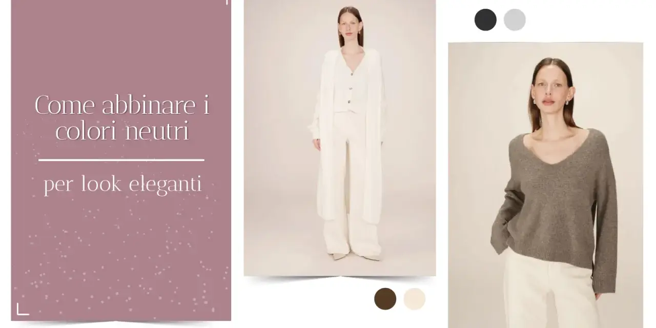 Look eleganti con colori neutri. Modella indossa un completo bianco e un maglione grigio, entrambi con colori desaturati.