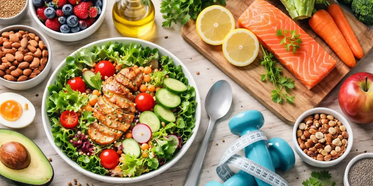 Dieta sana e allenamento per perdere peso in una settimana: insalata con pollo, salmone, verdure, frutta e pesi.