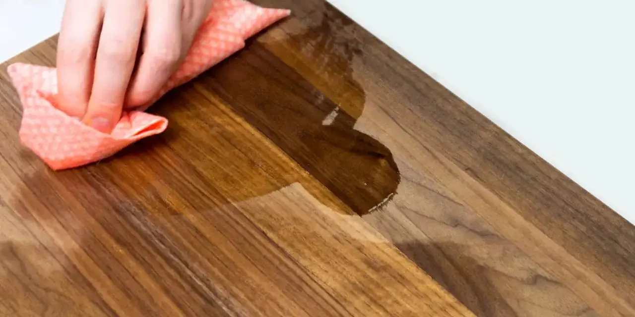 Mano che pulisce un tagliere di legno con un panno umido. Scopri come pulire il tagliere di legno per mantenerlo igienico e bello.
