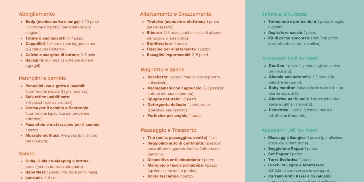 Lista di cosa serve per un neonato: abbigliamento, pannolini, cambio, sonno, allattamento, igiene, passeggio, trasporto, salute, sicurezza e accessori utili.