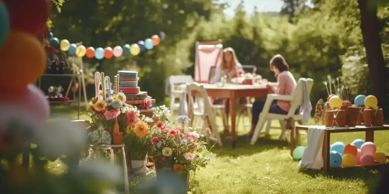 Festa in giardino con palloncini colorati, fiori vivaci e persone sedute a tavola.