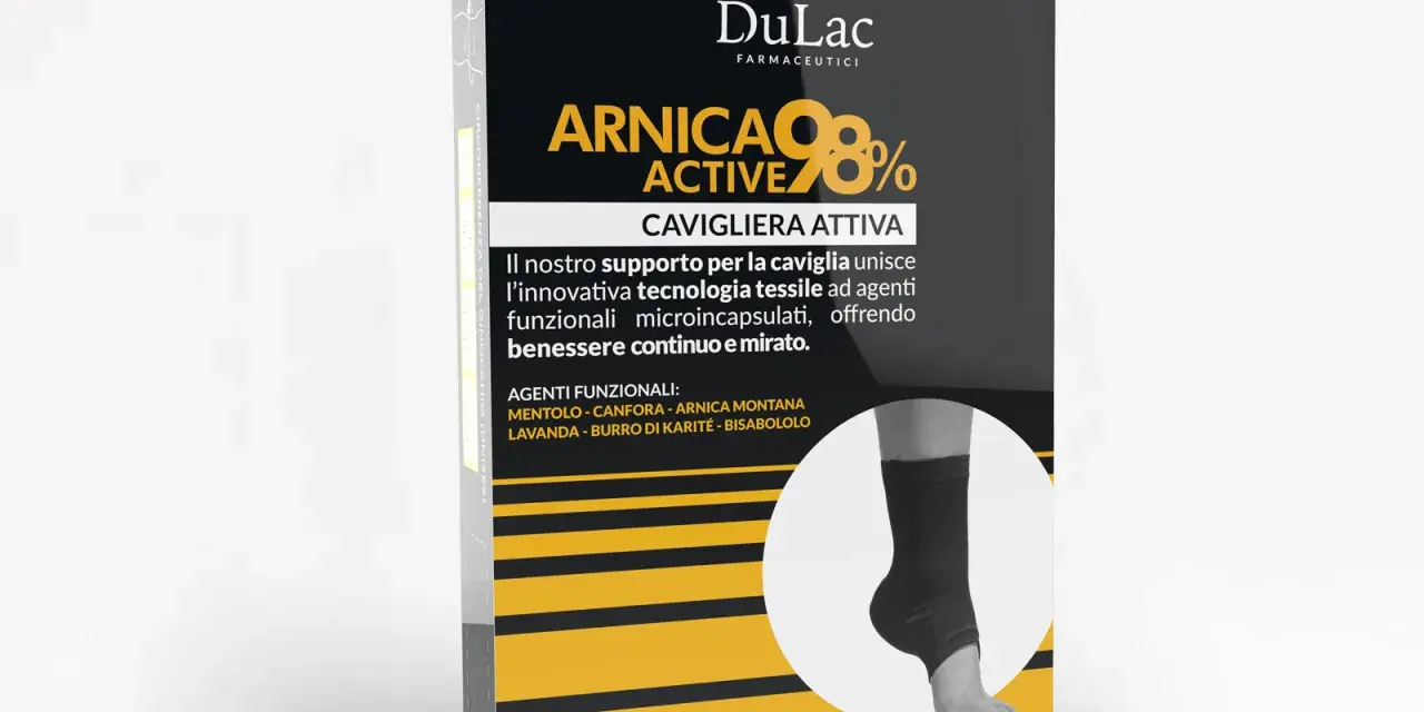 Cavigliera attiva DuLac con arnica per distorsione caviglia. Supporto tessile innovativo con agenti funzionali per un benessere mirato.