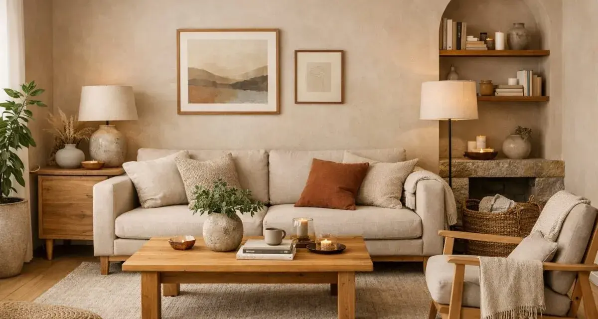 Caldi colori salotto moderno con divano beige, tavolino in legno e quadri astratti.