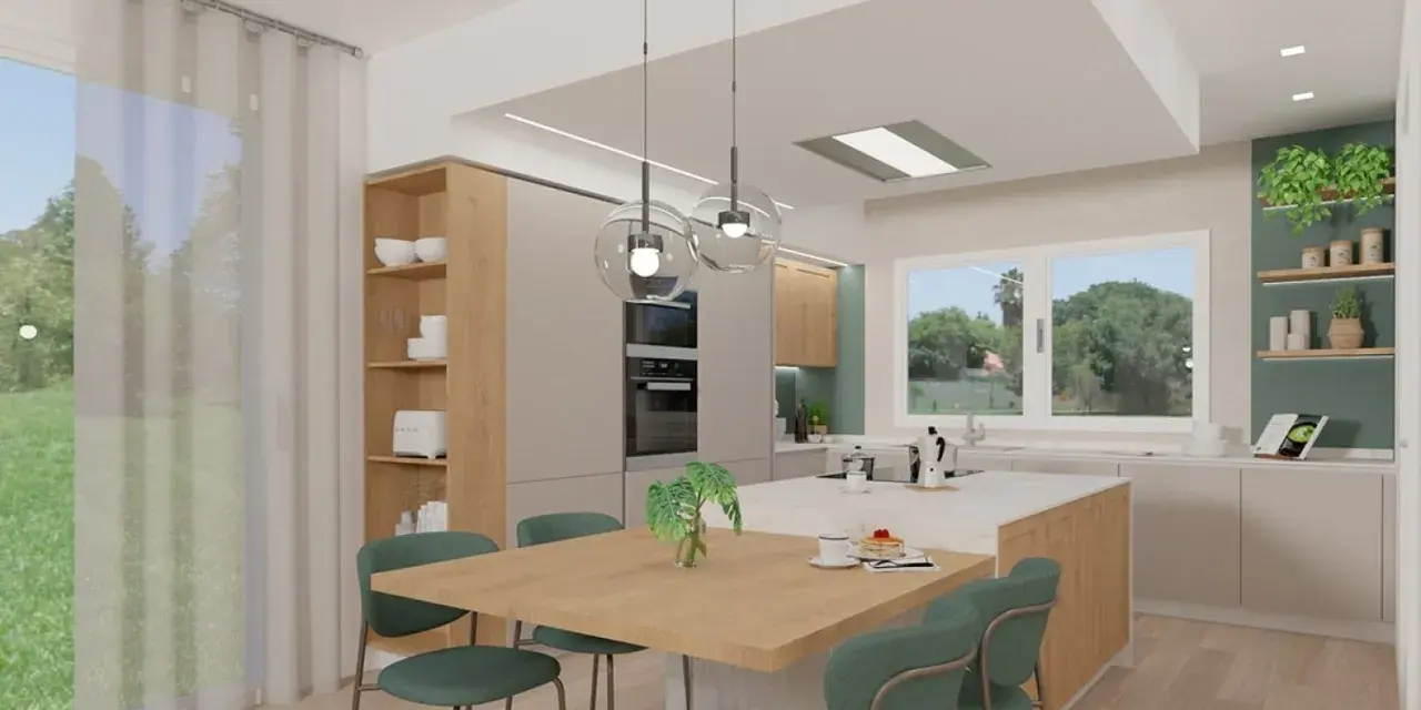 Cucina moderna con isola centrale, tavola in legno e sedie verdi. L'abbinamento colori arredamento crea un ambiente accogliente e luminoso.