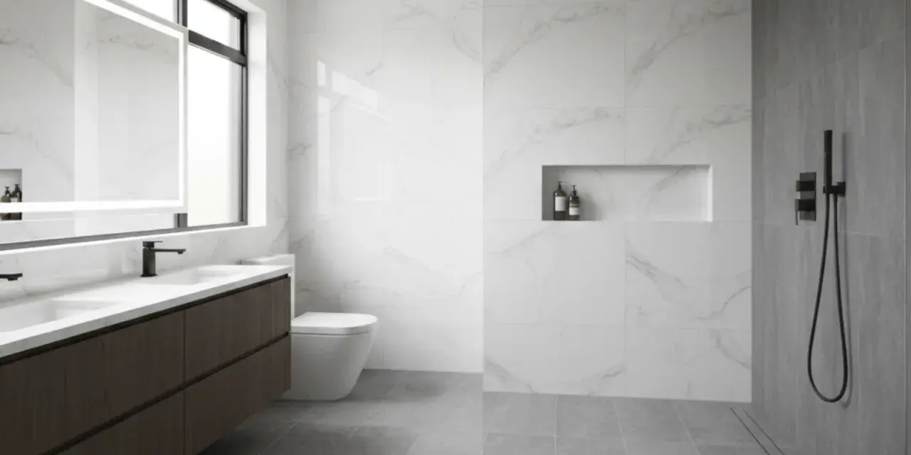 Bagno moderno con doppio lavabo, specchio illuminato, WC e doccia a filo pavimento. Ideale per capire come pulire la doccia e mantenere tutto splendente.