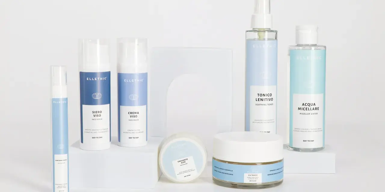 Una collezione di prodotti Ellethic per la cura del viso, tra cui siero, crema, tonico, acqua micellare e unguenti. Ottimi consigli beauty per una pelle radiosa.