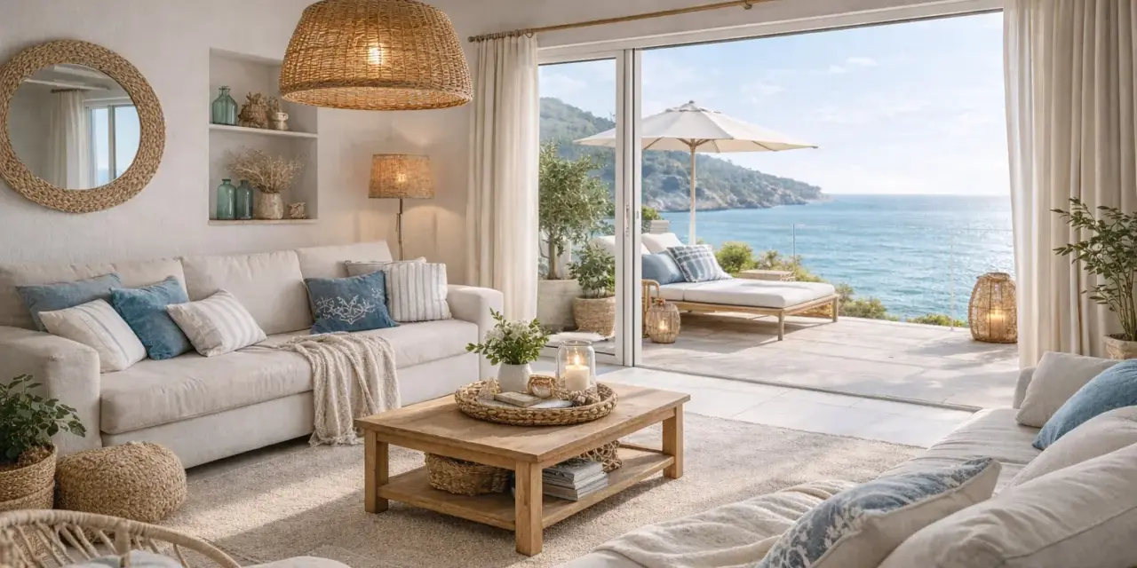 Soggiorno con vista mare, arredamento in stile mediterraneo con divani chiari, cuscini blu e legno naturale. Perfetto per case al mare arredamento.