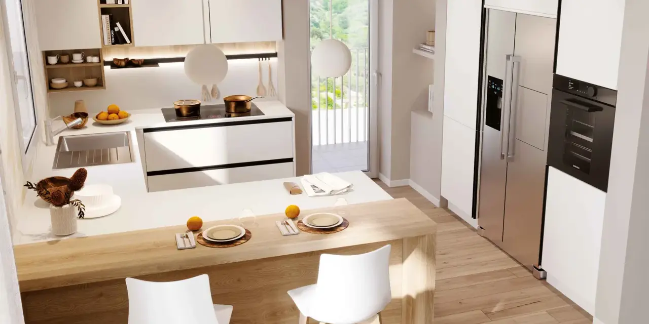 Modern white kitchen with a wooden island, bar stools, stainless steel fridge, and oven.