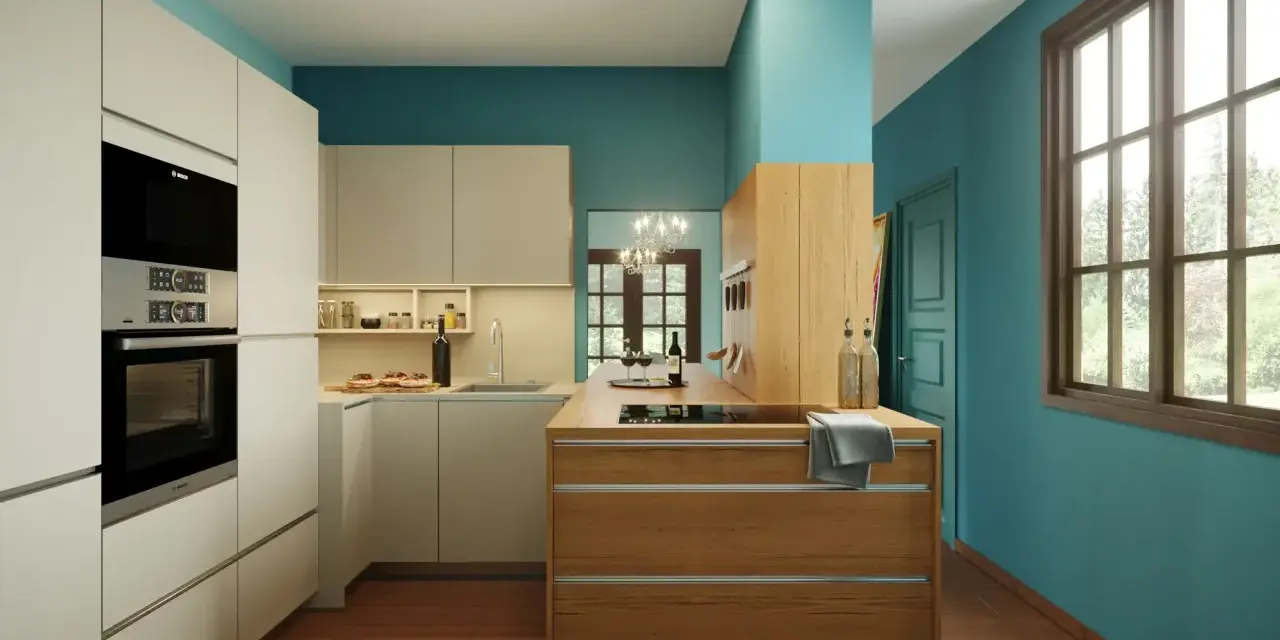 Cucine colorate con isola in legno e pareti turchesi. Un ambiente moderno e accogliente, perfetto per chi ama il design vivace.