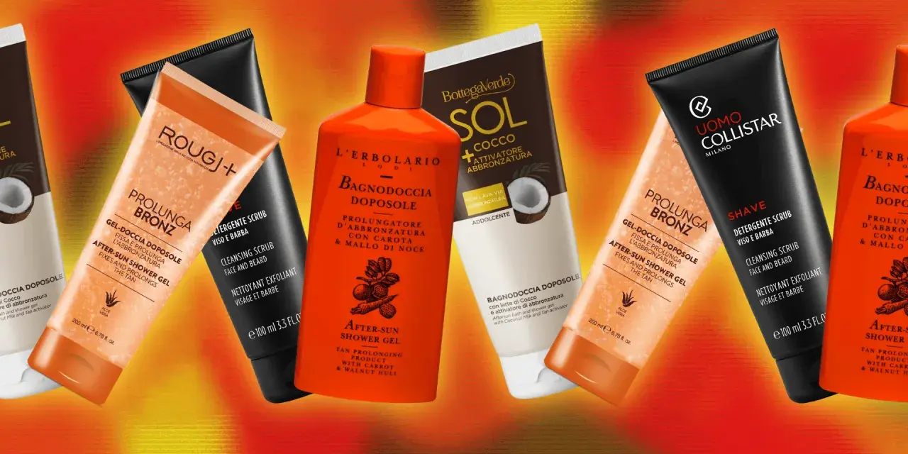 Prodotti doposole per come mantenere l'abbronzatura: gel doccia e scrub viso/barba.