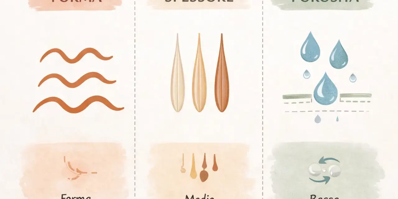 Illustrazione che mostra i diversi tipi di capelli: forma (ondulati), spessore (tre ciocche) e porosità (gocce d'acqua).