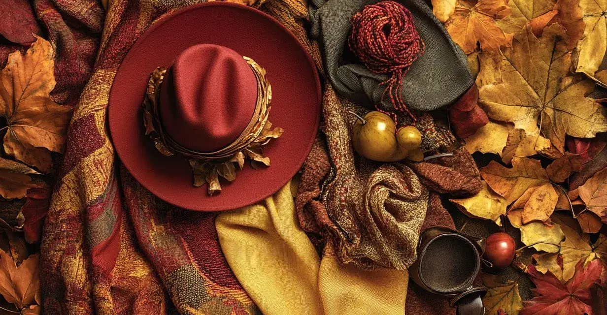 Cappello rosso, sciarpe, gomitolo e foglie autunnali creano un'atmosfera con **colori caldi**.
