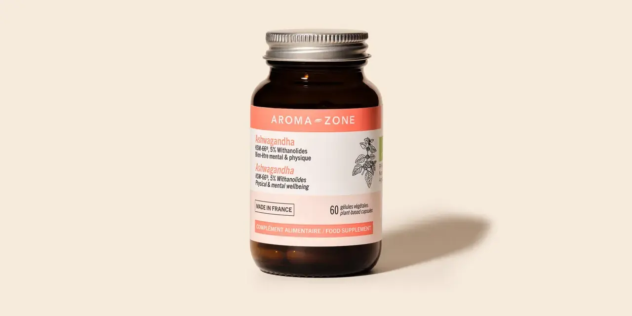 Flacone di integratore Ashwagandha Aroma-Zone. Molti credono che l'ashwagandha fa dimagrire, supportando benessere fisico e mentale.